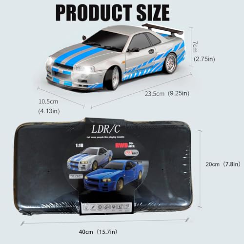 LD1899 1/18 RC Drift Car GTR R34 2.4GHz RWD with Gyroscope on-Road Alloy Body Shell Racing Cars Radio Control (Blue)