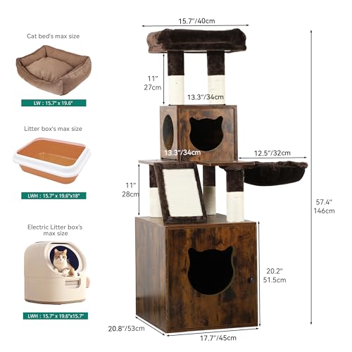 YITAHOME Modern Cat Tree with Litter Box Enclosure, Combo Endtable and Large Cat Tower with Basket, 4-in-1 Litter Box Furniture Hidden and Scratching Post for Large Cats