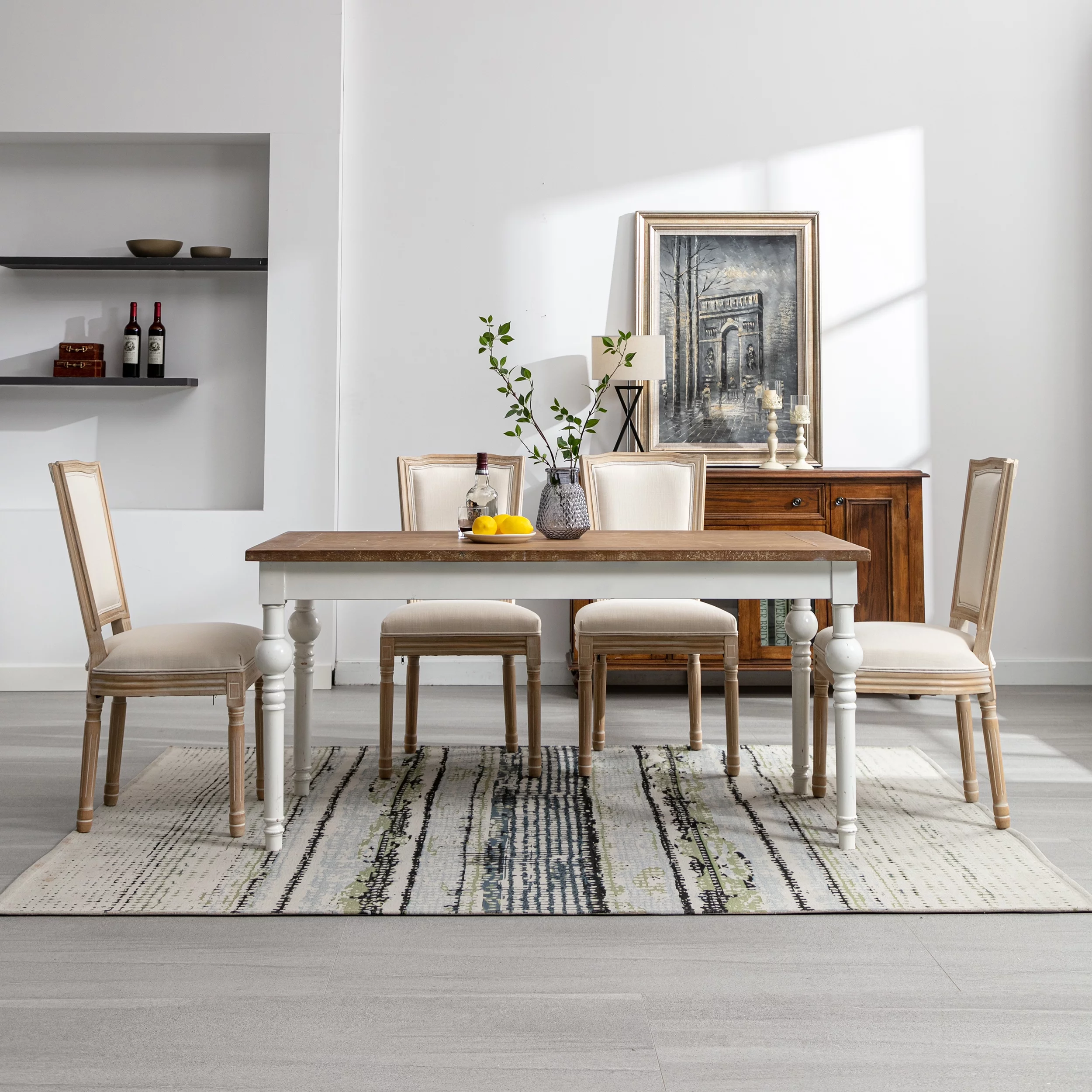 CoSoTower French Style Solid Wood Frame Antique Painting Linen Fabric Square Rattan Back Dining Chair, Set Of 2, Cream