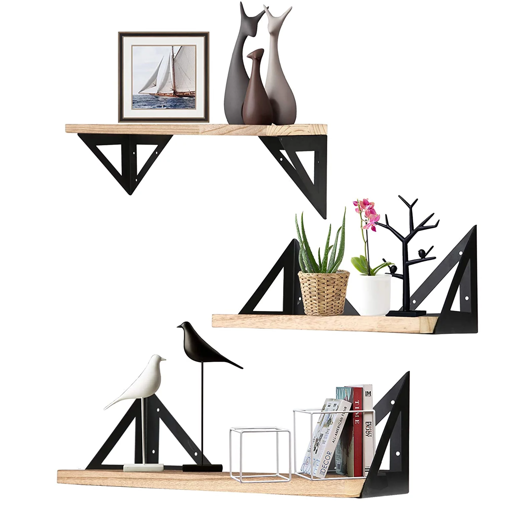 KARMAS PRODUCT Wall Mounted Floating Shelf Set of 3 Solid Wood 3-Tire Wall Storage Shelf DIY Design Home Decoration for Bathroom Living Room Office Kitchen