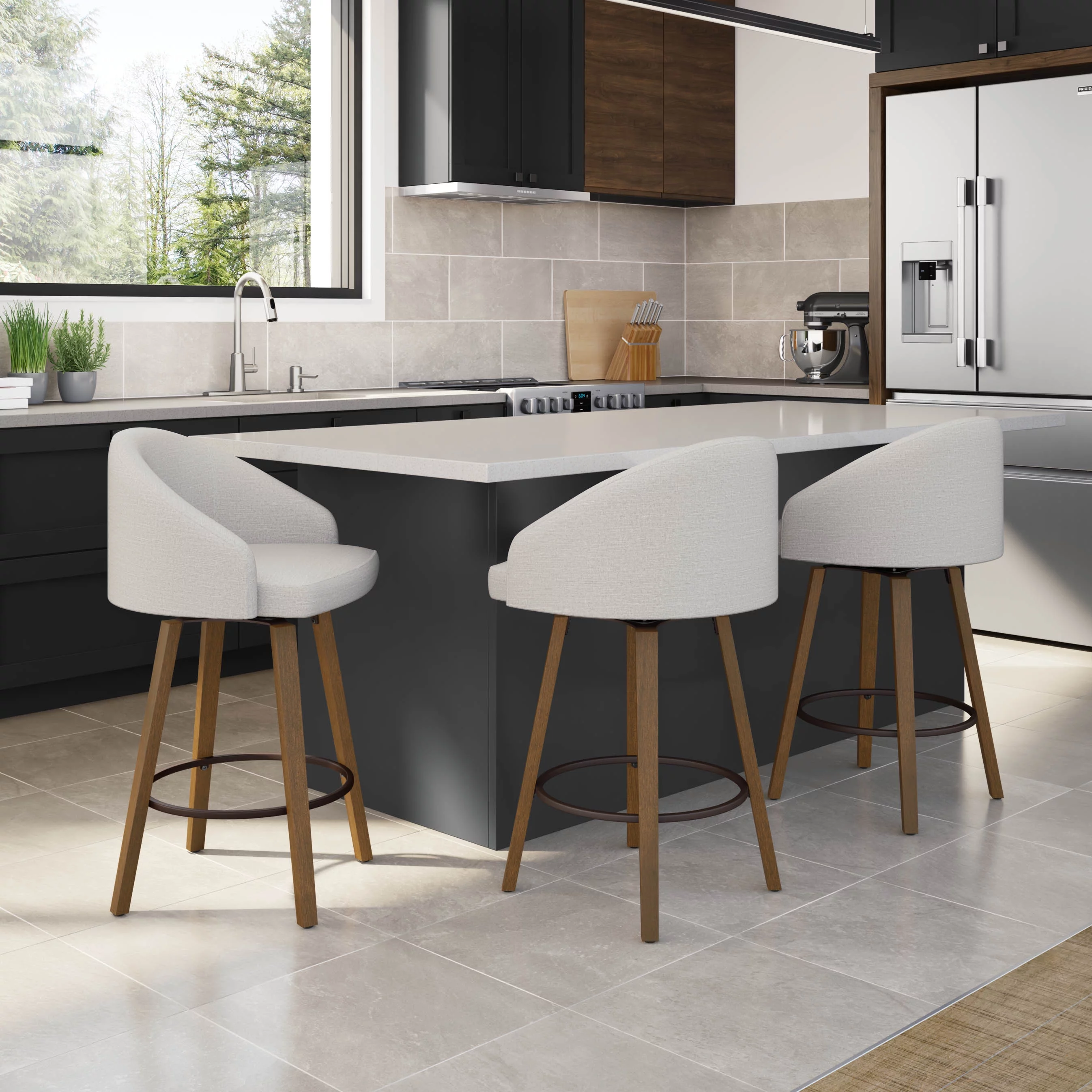 Amisco Foglia 30 In. Swivel Bar Stool - Light Grey Polyester / Light Brown Wood