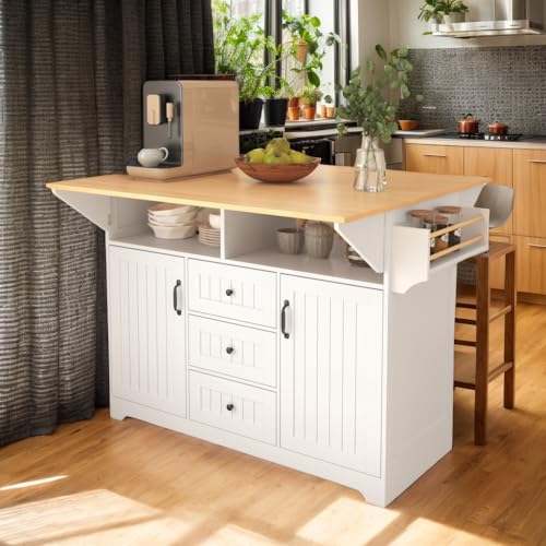 Kitchen Island with 2 Drop Leaf, Home Cart Island on Wheels Foldable Dining Table with Power Outlets,3 Drawers,Storage Cabinet, Tower Rack(Black)