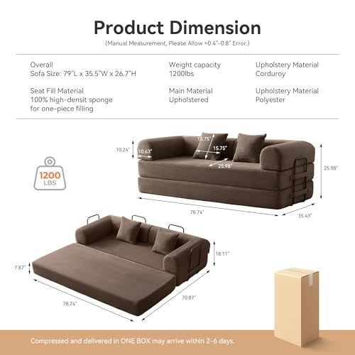 Convertible Sleeper Sofa Bed with Cylindrical Pillow, Comfy Foldable Sofa Bed Compressed Sofa in Box, Floor Sofa Lounge Couch for Living Room Bedroom Lounge Studio, Tool-Free Assembly (Black)