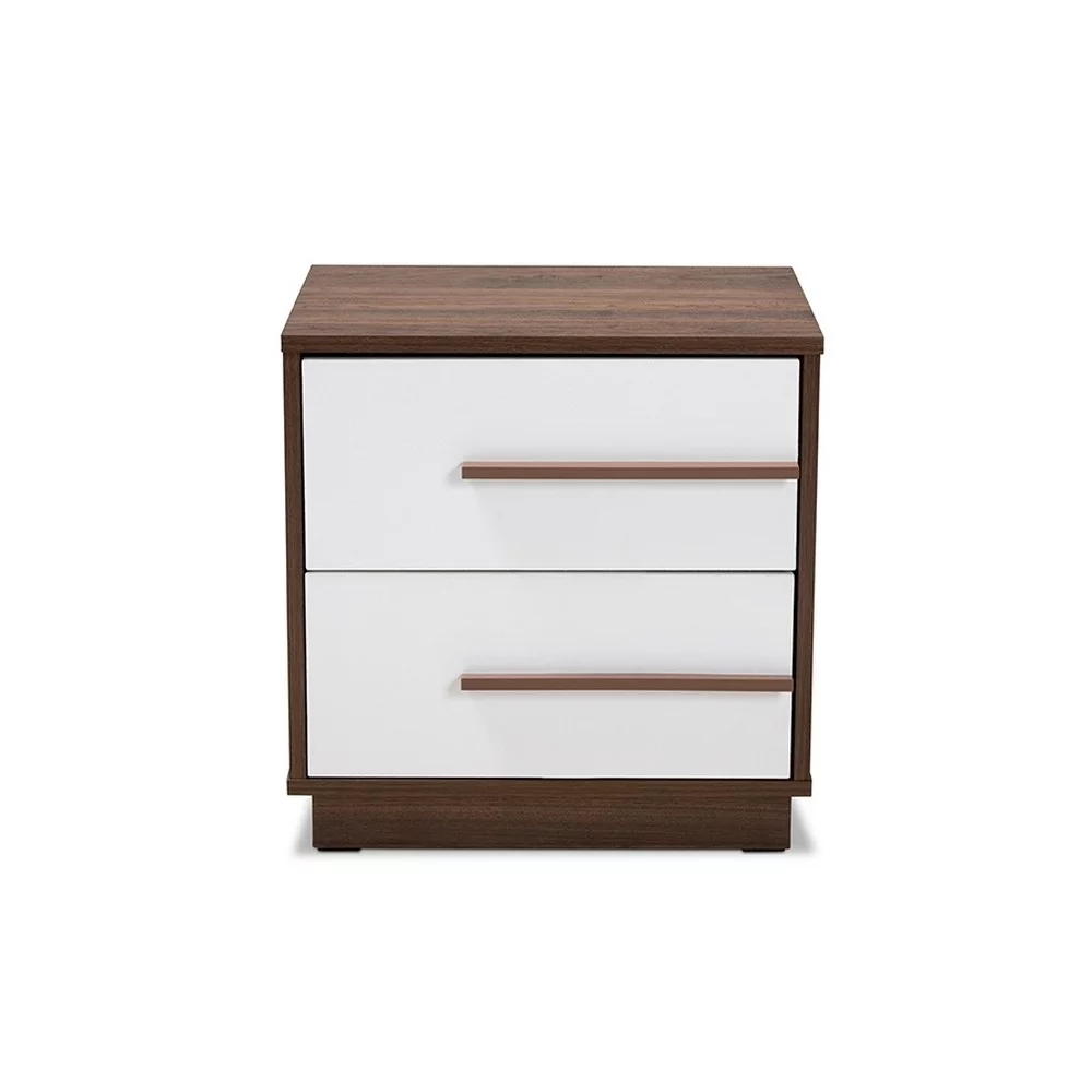 Baxton Studio Mette Mid-Century Modern Two-Tone White and Walnut Finished 2-Drawer Wood Nightstand