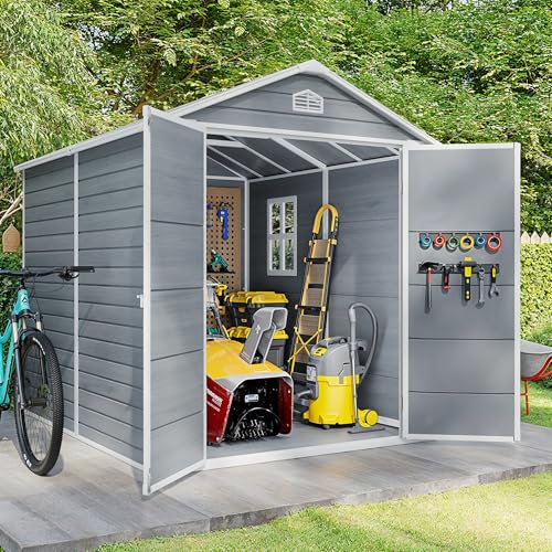 Gizoon 6x4 FT Outdoor Storage Shed with Floor, Resin Garden Tool Shed with Lockable Doors, Window, Vents, Reinforced Steel Frame, Waterproof Plastic Storage Sheds for Backyard, Patio, Lawn