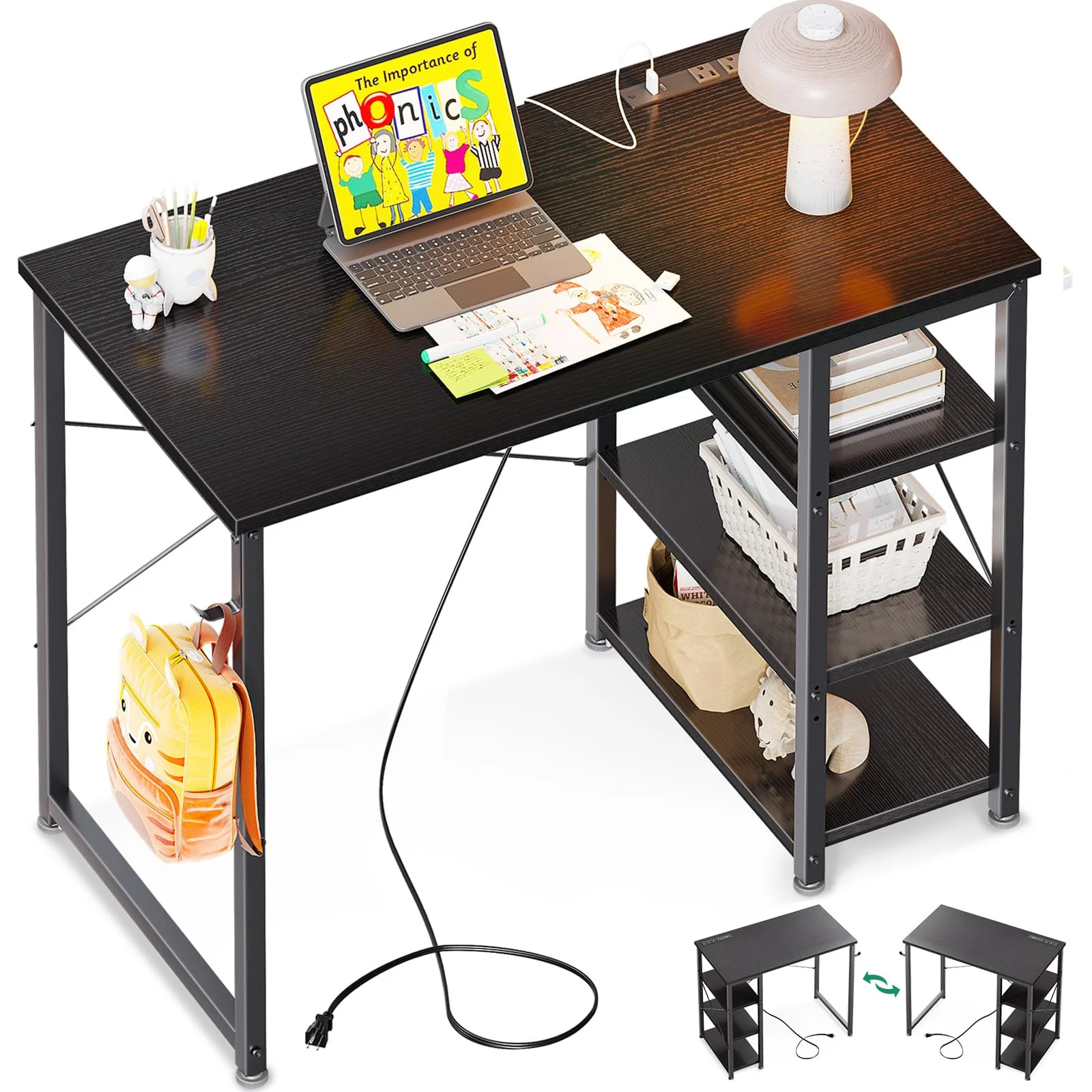 40 Inch Computer Desk with Power Outlet and USB Charging Port - Home Office Study Table with 3-Tier Reversible Storage Shelf - Writing Desk (40''x16''), Multiple Color Options