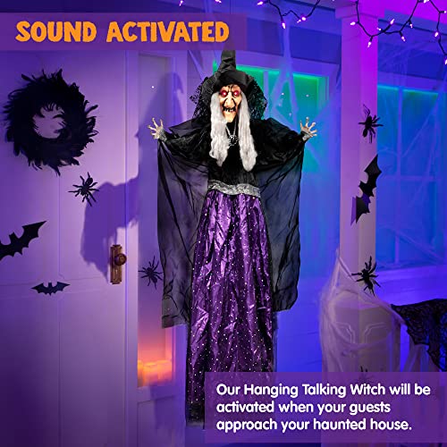 JOYIN 47” Animated Witch Halloween Decorations Outdoor Indoor, Scary Halloween Animatronics Decor, Hanging Ghost Talking Sound Activated Led Lights Eyes Haunted House Yard Garden Lawn