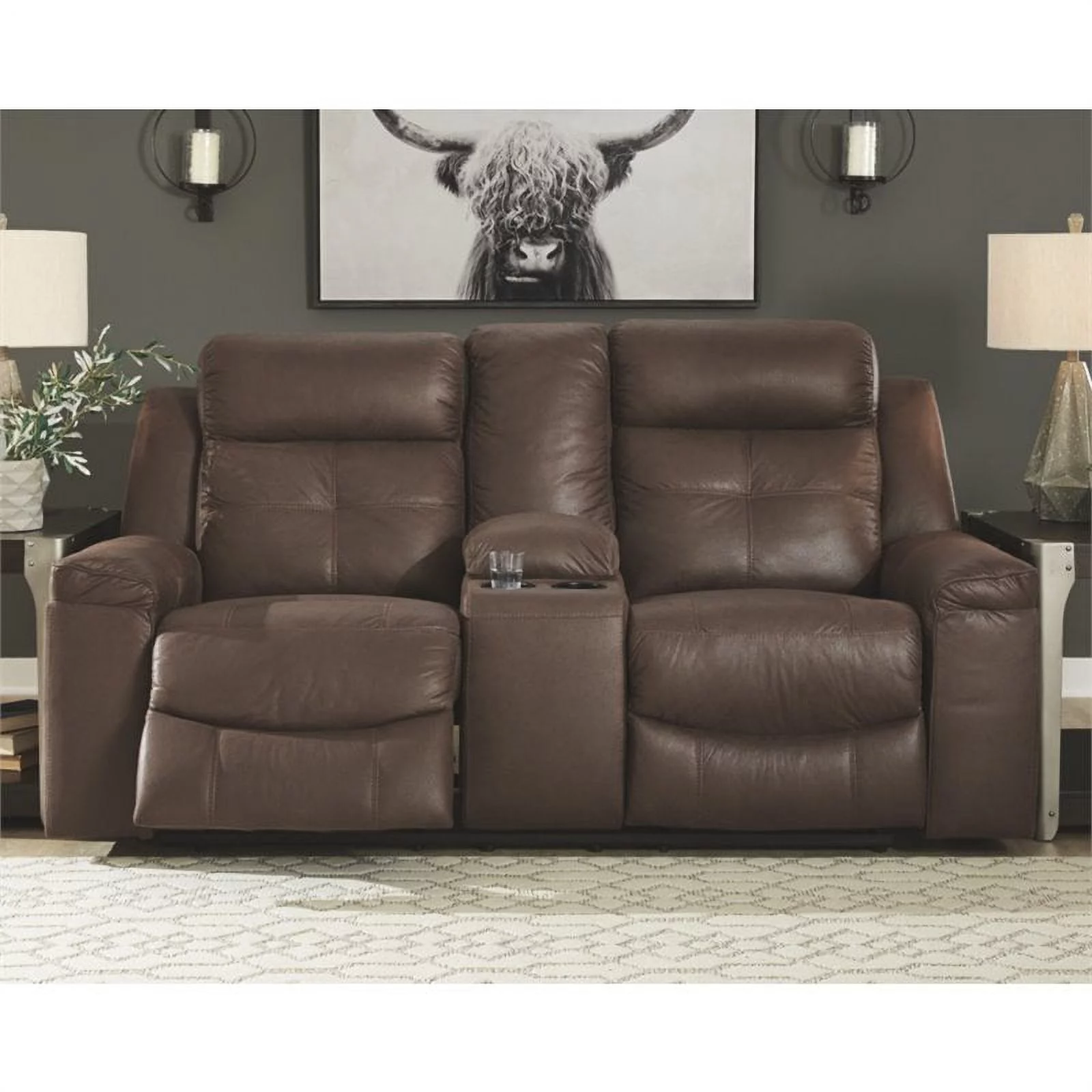 Bowery Hill Reclining Loveseat with Console in Coffee