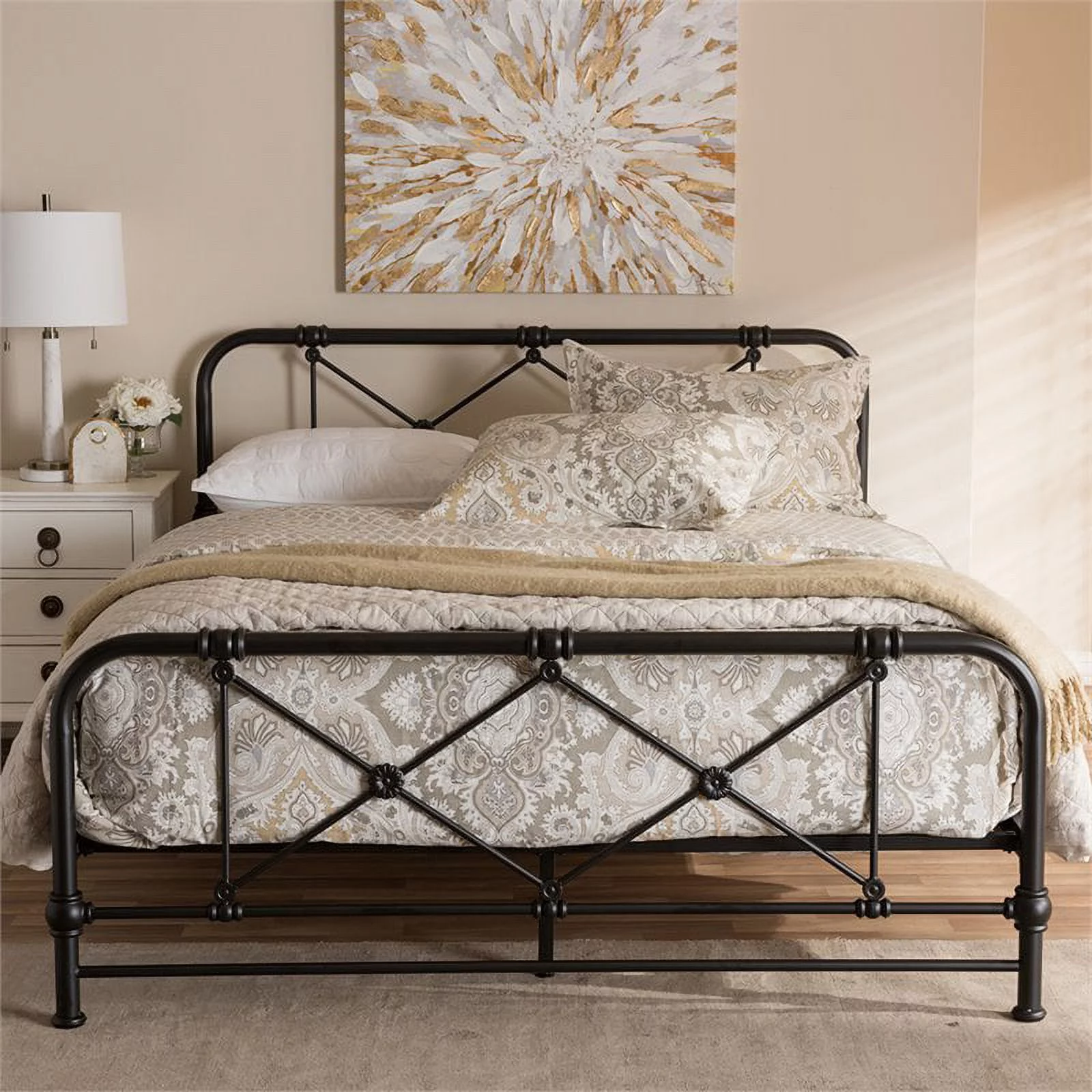 Bowery Hill Soft Gentle Curved Industrial Metal Queen Bed in Black
