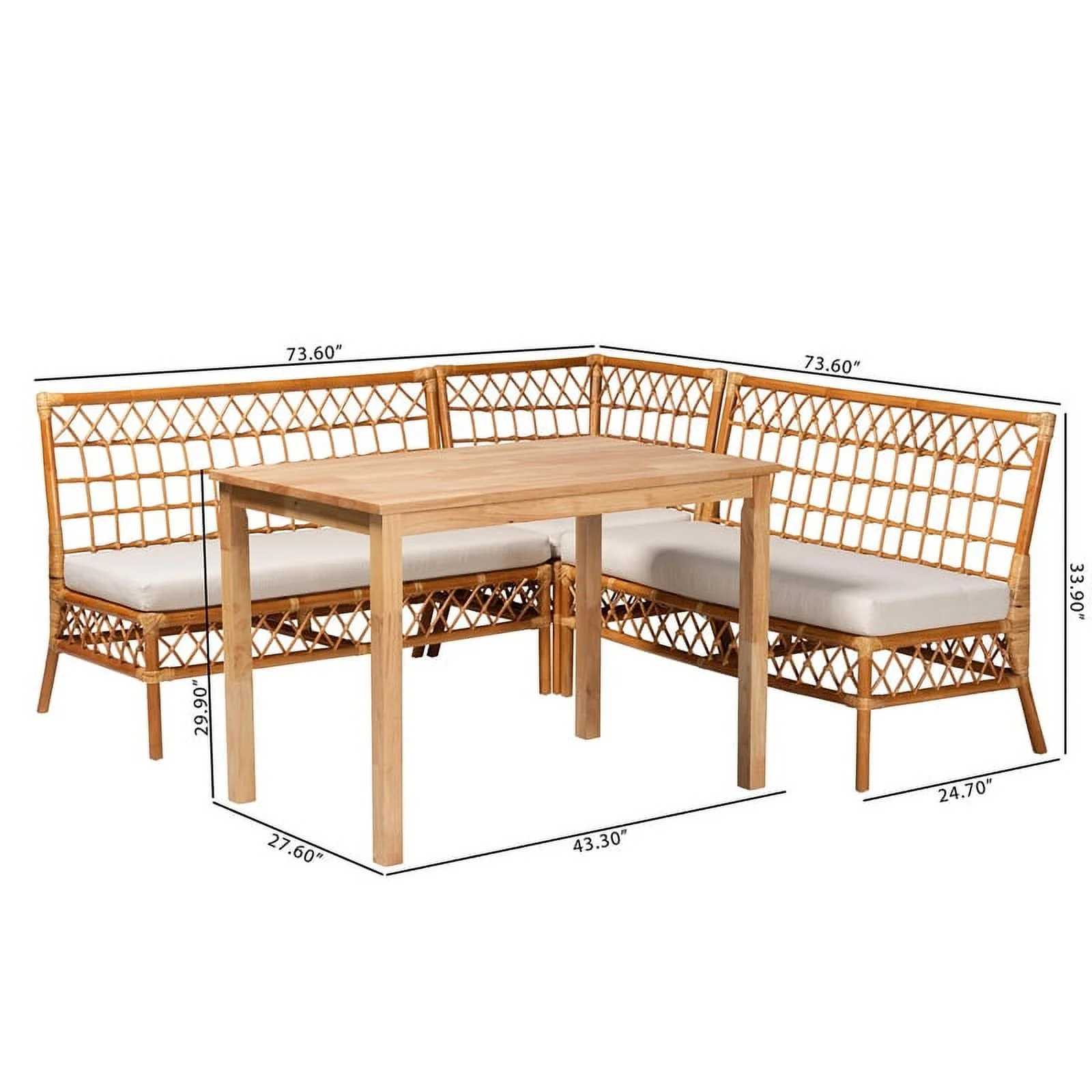 Pemberly Row Modern Bohemian Honey Rattan 4-Piece Dining Nook Set