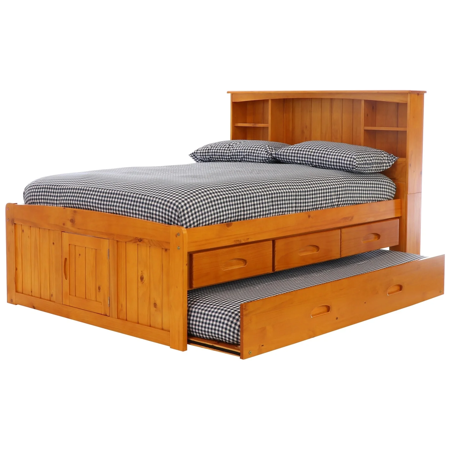 OS Home and Office Furniture Solid Pine Full Captains Bookcase Bed with 3 drawers and Twin Sized Trundle in Warm Honey