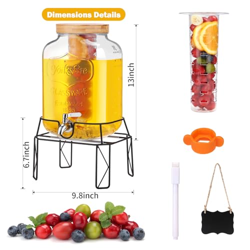 2 Gallon Drink Dispensers with Stand, Glass Beverage Dispenser with Stainless Steel Spigot and Bamboo Lid,Lemonade Dispenser,Glass Drink Dispensers for Parties, Weddings