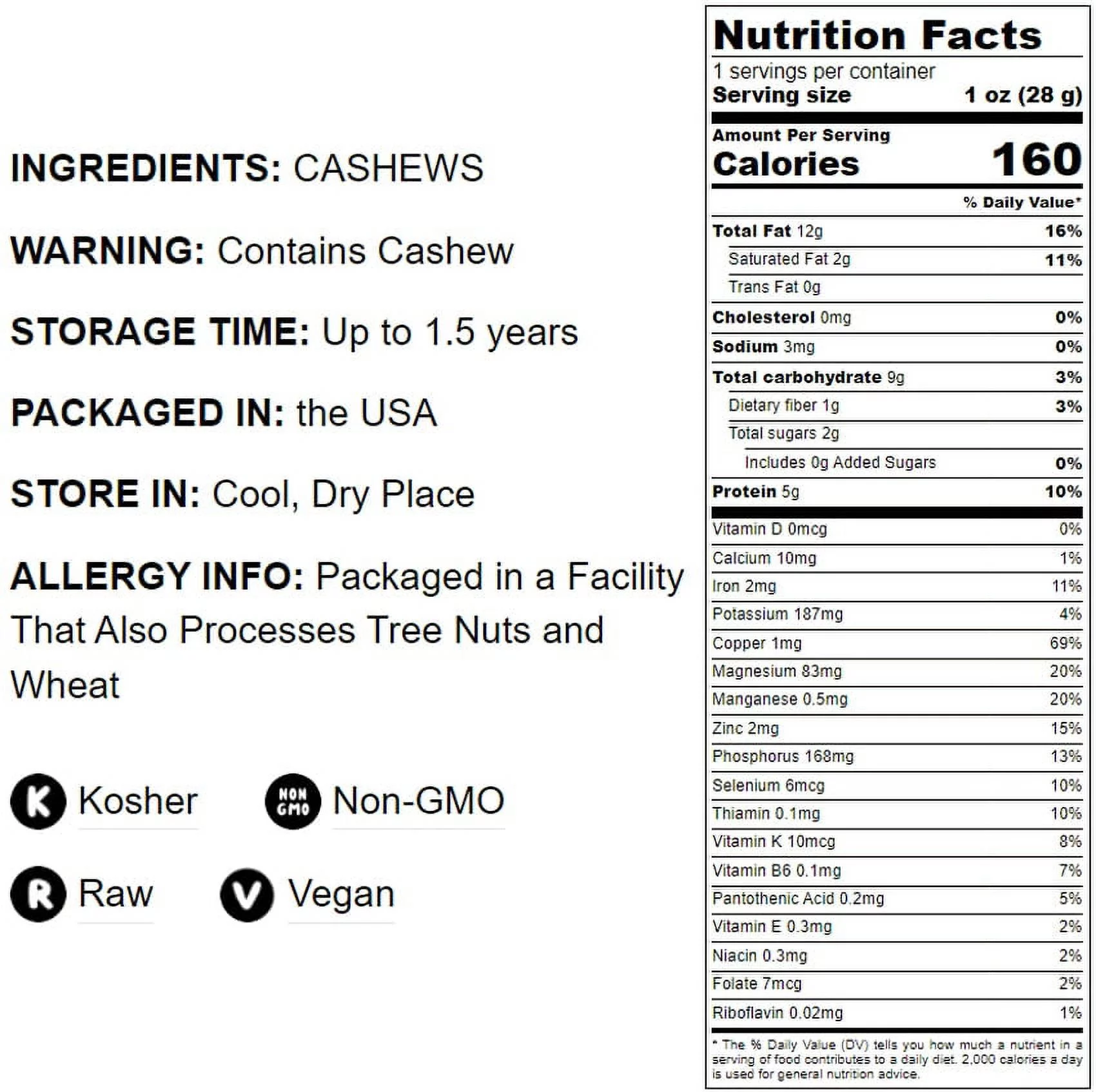 Food to Live, Whole Cashews W320, Non-GMO Verified, 8 Pounds, Raw