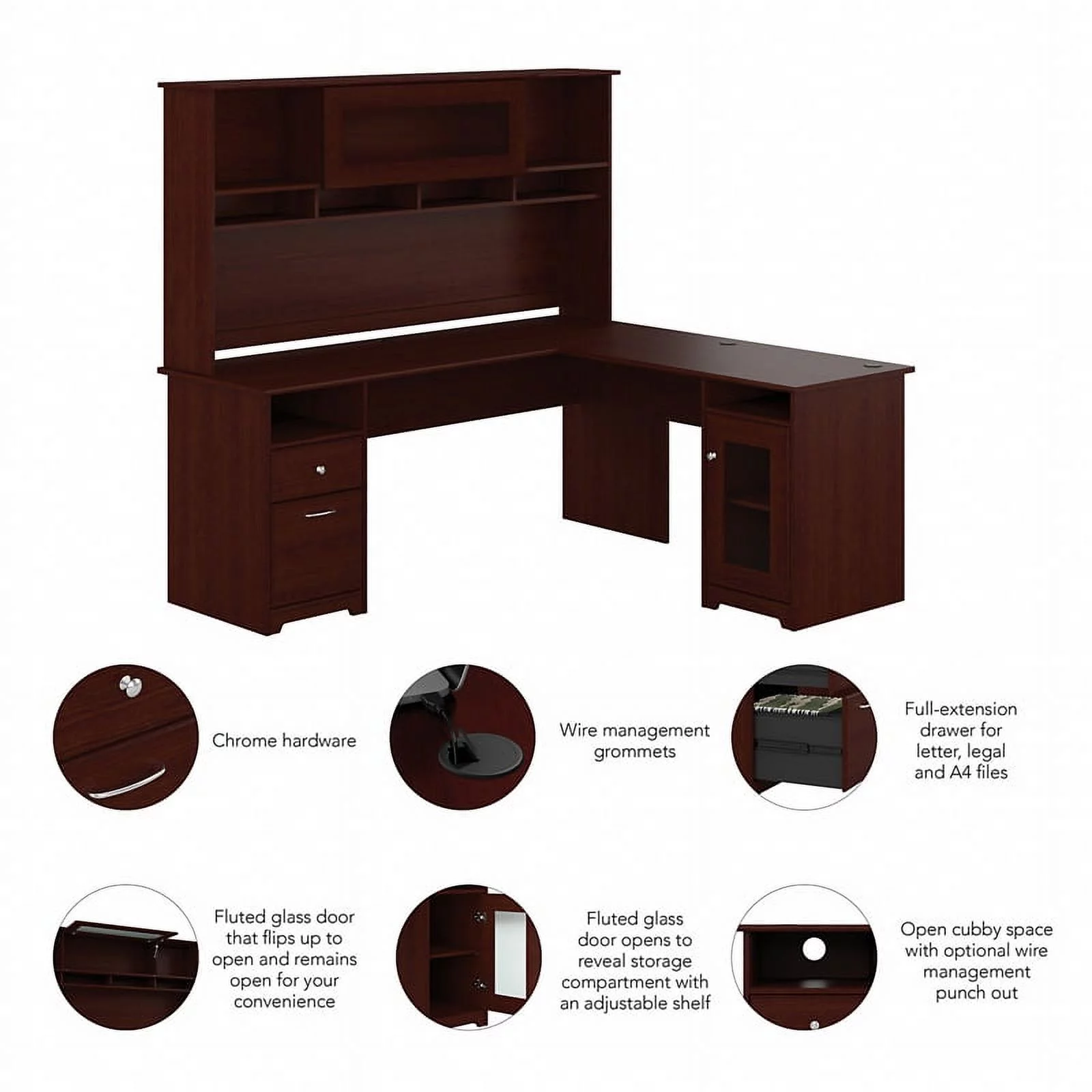 Bowery Hill 72W L Desk with Hutch in Harvest Cherry - Engineered Wood