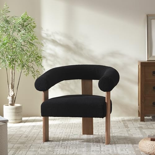 VKNOW Accent Chair Living Room Chair, Modern Upholstered Armchair with Solid Wood Legs, Comfy Barrel Arm Chairs for Living Room Bedroom, White