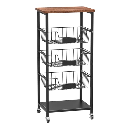 Kitchen Storage Cart, Kitchen Basket, 5-Tier Utility Organizer with Baskets and Wood Top, Rolling Snack Cart with Wheels, Metal Black