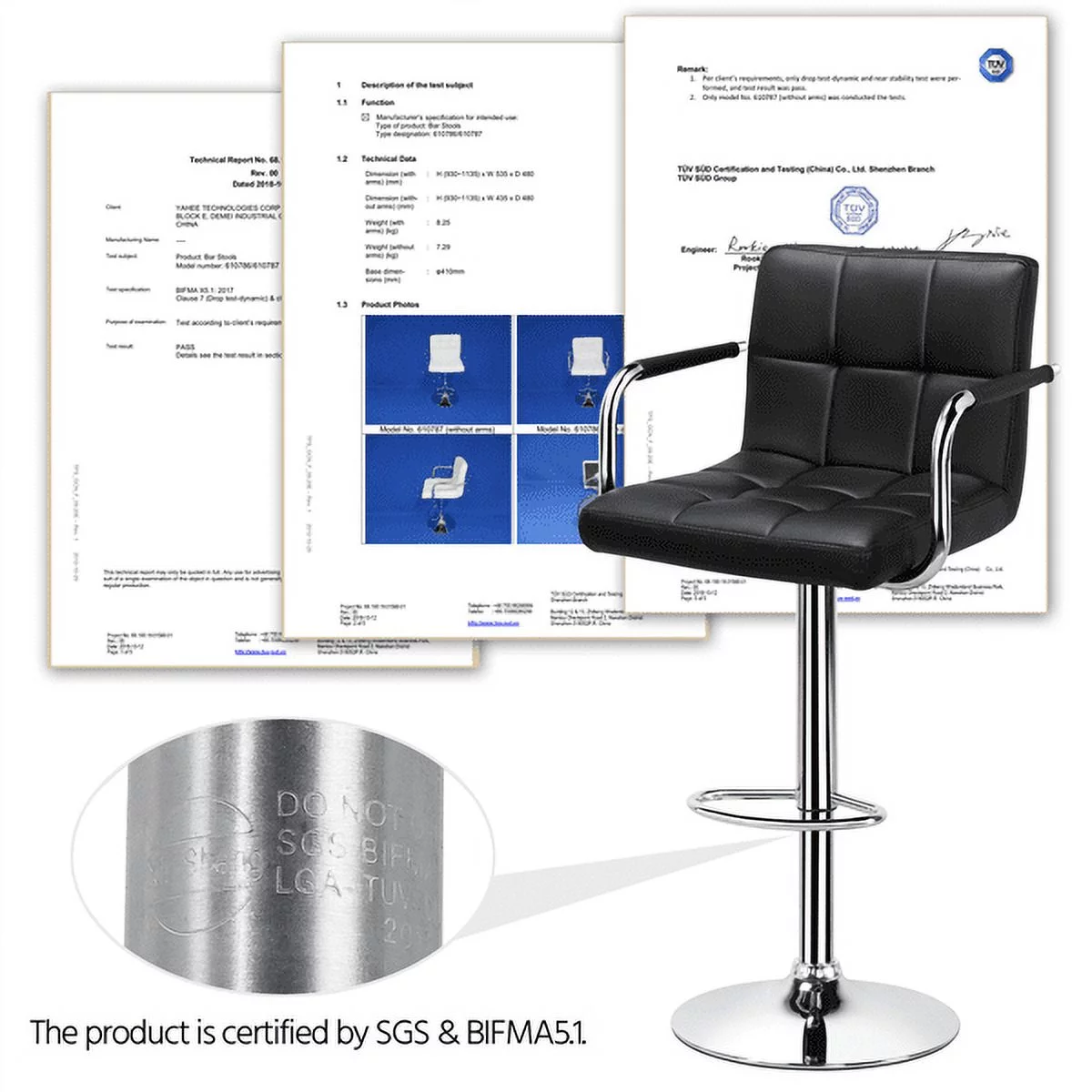 Alden Design Bar Stool with 360-Degree Swivel & Adjustable Height, Black, Set of 2