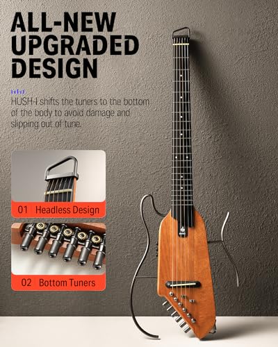 Donner HUSH-I Guitar For Travel - Portable Ultra-Light and Quiet Performance Headless Acoustic-Electric Guitar, Mahogany Body with Removable Frames, Gig Bag,and Accessories