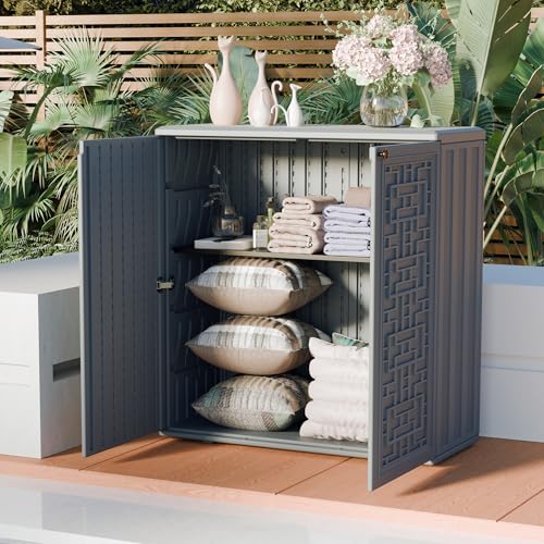 Outdoor Storage Cabinet Waterproof with Shelf,Resin Storage Sheds Outdoor Cabinets for tub towels/chemicals/grill items/Patio/Garden/Backyard, Size 34.3''L*15''W*36.2''H（Black）