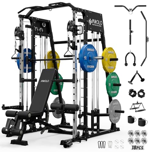 Mikolo Smith Machine, 2200lbs Squat Rack with LAT-Pull Down System & Cable Crossover Machine, Training Equipment with Leg Hold-Down Attachment