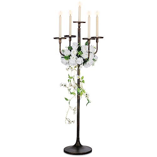 Sziqiqi Black Floor Candelabra Centerpiece 5-arm 48inch Tall Candle Holders for Candlesitcks Taper Pillar Candles Metal Floral Centerpieces Stand Halloween Wedding Party Event Decoration