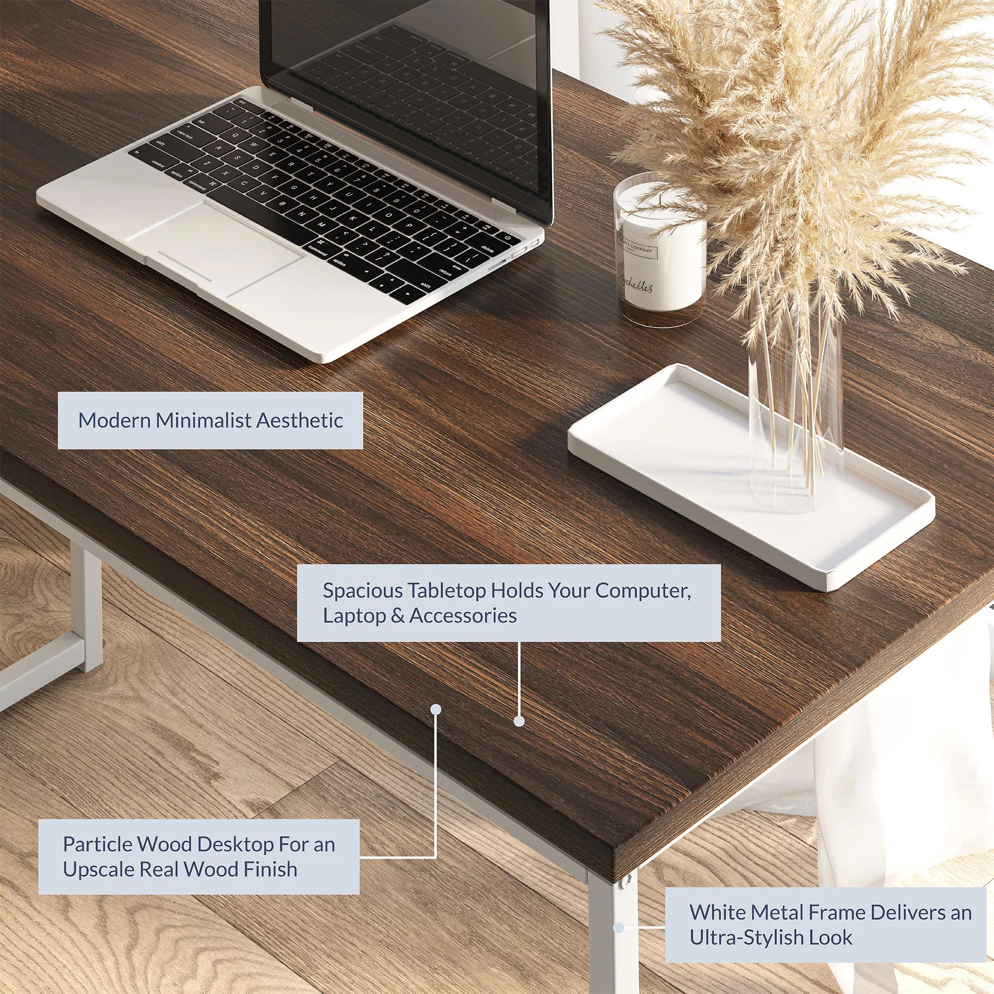 BELLEZE Home Office Computer Desk with White Frame - Barton (Dark Walnut)