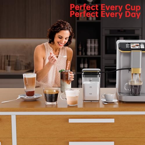 Espresso Machine with 15 Grind Settings | Fully Automatic, 20 Bar Pressure & Milk Frother - Touch Display, 1.5L Tank, Steel Gold