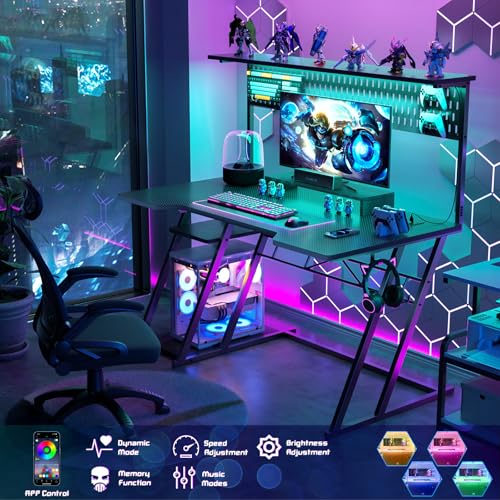 Armocity Gaming Computer Desk with Shelves and Outlets, Gaming Desk with Hutch and LED Lights, Reversible PC Gaming Desks with Pegboard, Carbon Fiber Black 47''