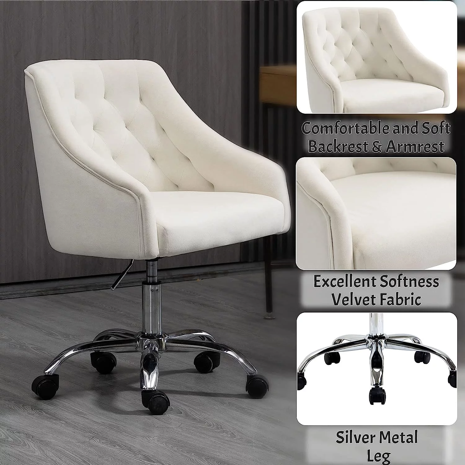 MOJAY Modern Velvet Office Chair with Swivel Function and Adjustable Height, White