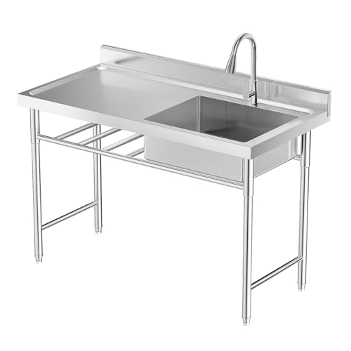 Stainless Steel Utility Sink, Free Standing Single Bowl Commercial Kitchen Sink Set with Withdrawable Faucet, Workbench, Shelf, 47.2 x 23.6 x 31.5in Sinks for Home, Garage, Restaurant