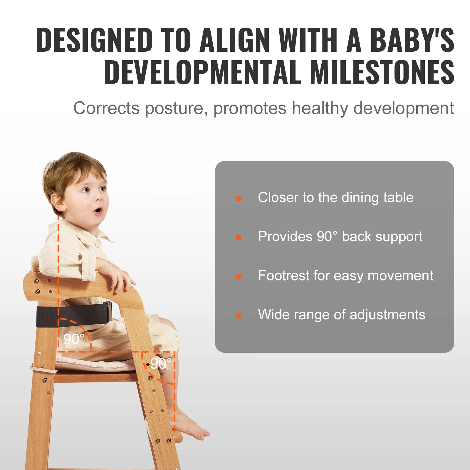 BENTISM Wooden Baby HighChair with Adjustable Legs, Solid Wooden Toddler Chair Baby Booster Seat 13'' Tall