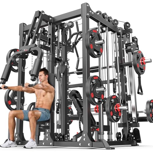 L05/07 Smith Machine，Multi-Function Squat Rack Power Cage with Cable Crossover System,with Weight Bench, Olympic Barbell Weight Set, for Home Gym
