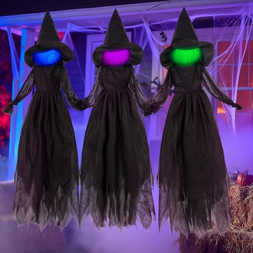 JOYIN 3pcs Halloween Witch Decorations Outdoor, 5ft Spooky Hanging Ghost Animatronic Decor with Broomstick Light Up Props for Home Outside Yard Garden Lawn Porch Haunted House