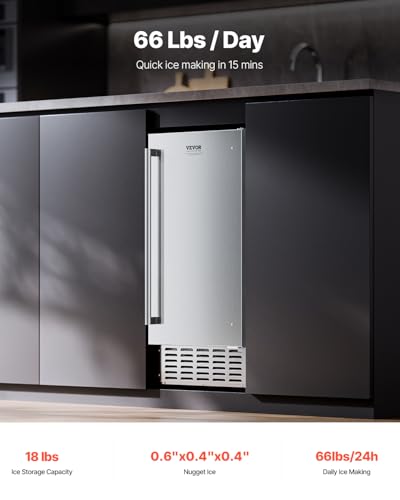 VEVOR Under Counter Ice Maker Machine, Crescent Ice, 25 Lbs/Day Stainless Steel Built in Ice Maker with Reversible Door, 22Lbs Storage Ice Maker Machine for Commercial Home Kitchen, No Drain Required