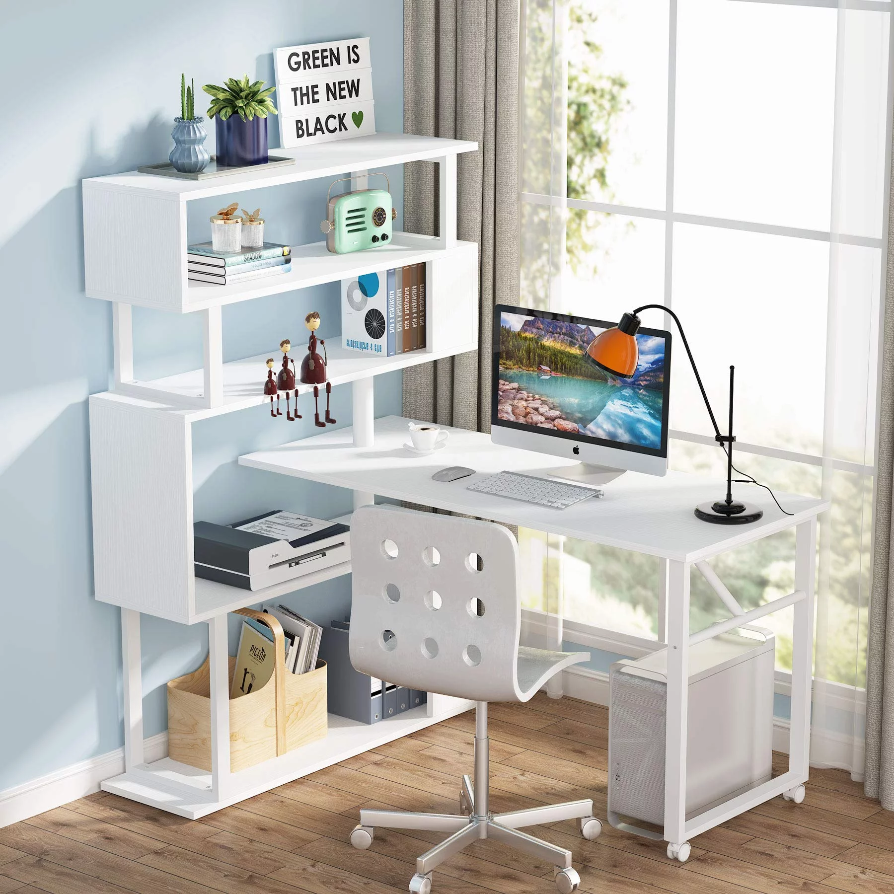 Tribesigns Rotating L Shaped Computer Desk with Storage Bookshelf, Reversible Corner Computer Desk for Home Office