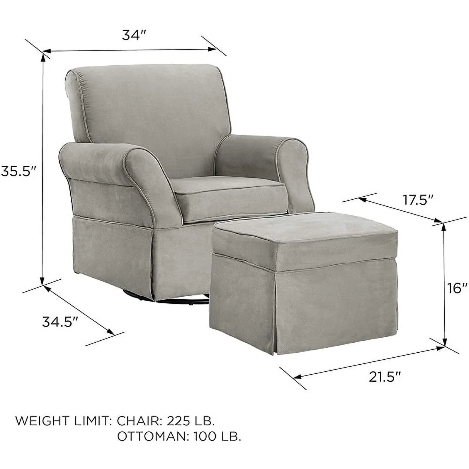 Rosebery Kids Swivel Nursery Glider and Ottoman Set in Gray