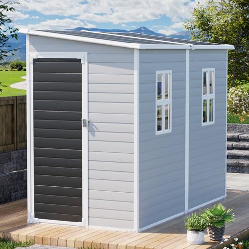 Outdoor Resin Storage Shed 8x4x6 FT Lean to Shed with Floor Included 2 Windows Lockable Door,Waterproof Outside Plastic Sheds for Backyard Garden Patio Lawn Tools