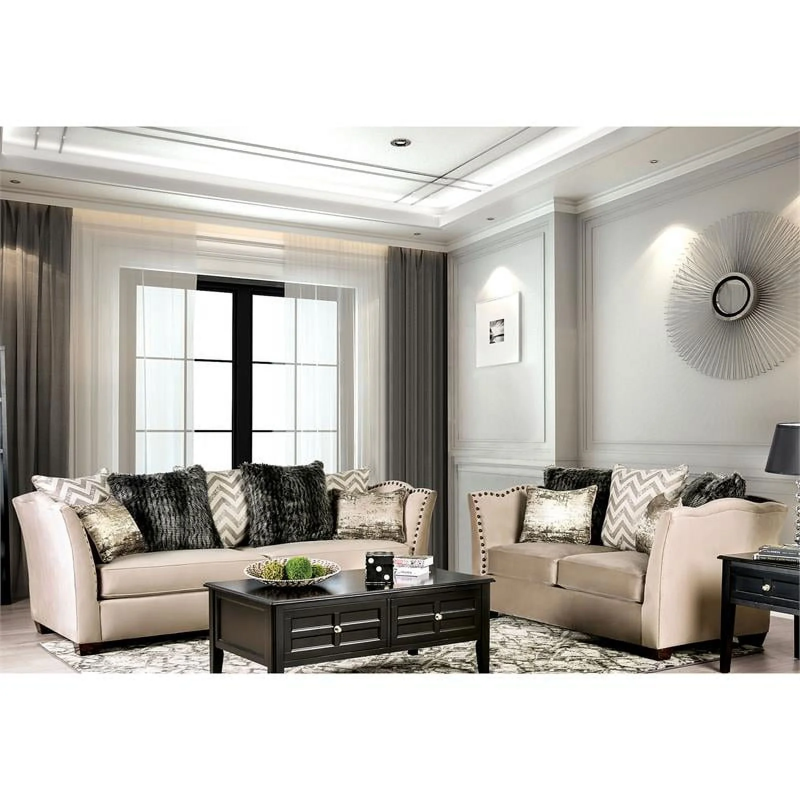 Furniture of America Keinisha Transitional Fabric Nailhead Loveseat in Beige