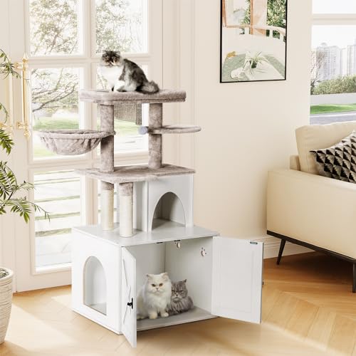 Snughome Cat Litter Box Enclosure with Cat Tree Tower and Condo, Hidden Washroom Furniture with Sisal Scratching Post and Soft Plush Perch, Wooden Cat Furniture with Multiple Platforms, White