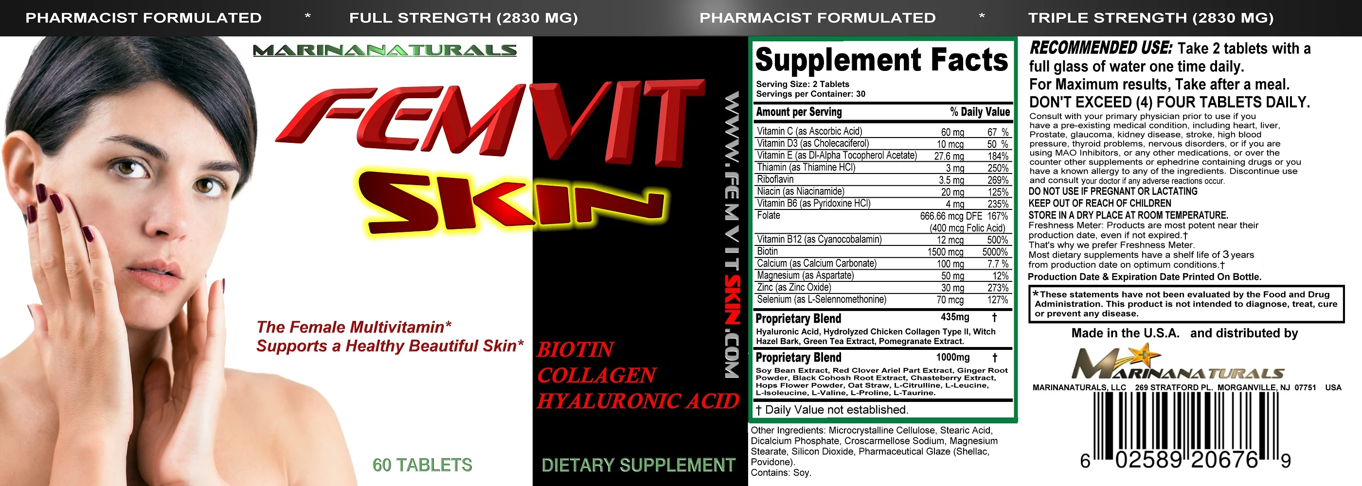 FEMVIT SKIN, the Female Multivitamin, Multi-Minerals and Herbal Extracts that Helps Fix Your Skin. Anti-Wrinkle with Collagen, Hyaluronic acid & Pomegranate Extract. 60 Tablets, Not a Cream