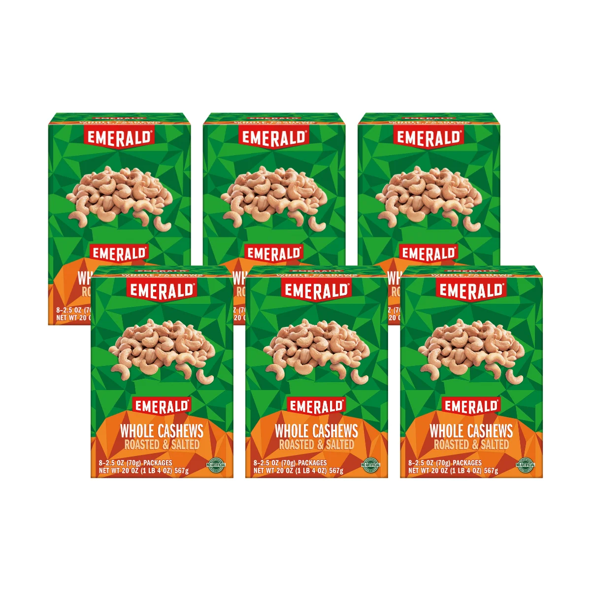 Emerald Nuts, Whole Cashews Roasted & Salted, 8 CT Box, 20 oz (Pack of 6)