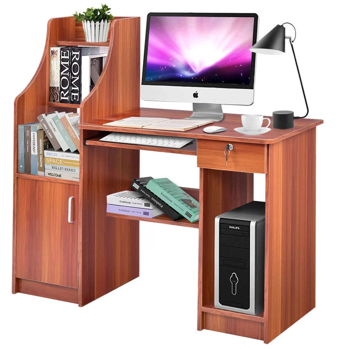 Computer Study Desk Laptop Table Writing Workstation with Bookshelf