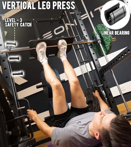 Eonfit E5 Smith Machine with Vertical Leg Press, Power Cage Squat Rack with LAT-Pull Down Cable Crossover Rotating Arms System Home Gym Equipment All in One (E5 RED)