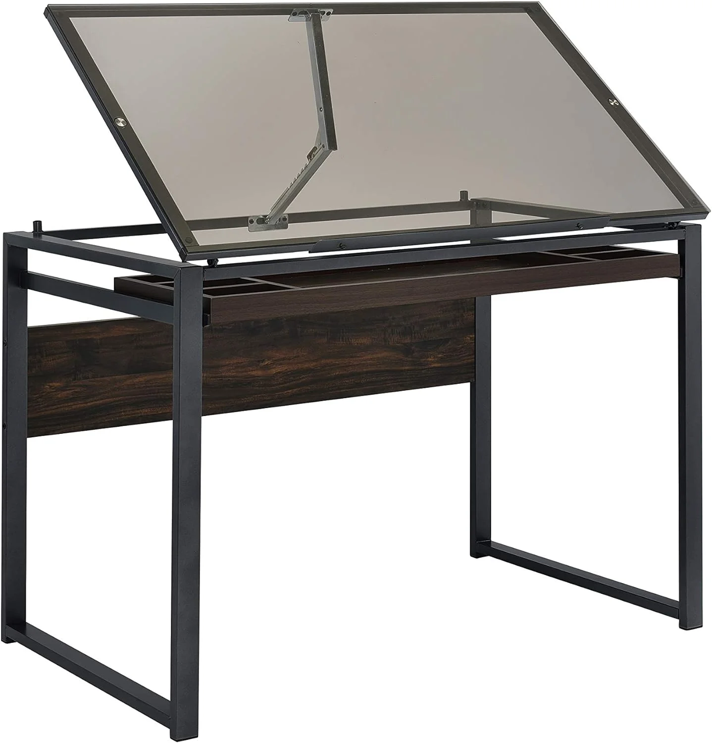 KBANZIBIU Pantano Glass Top Dark Gunmetal and Chestnut Drafting Desk 805571