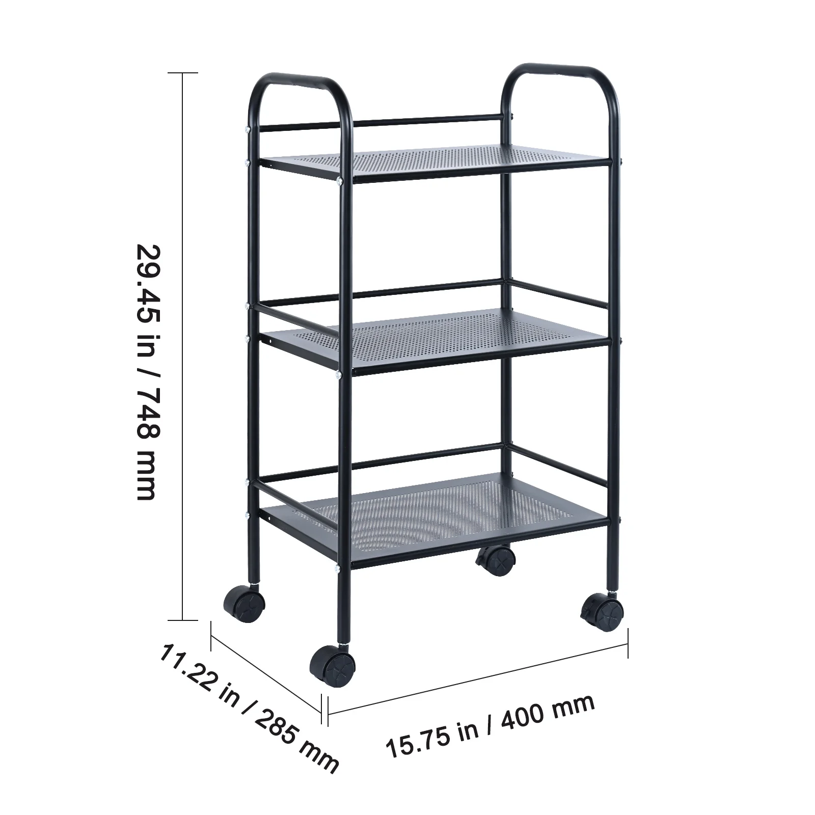 SKYSHALO 3-Tier Kitchen Rolling Cart Utility Cart on Wheel with Handle Shelf Black