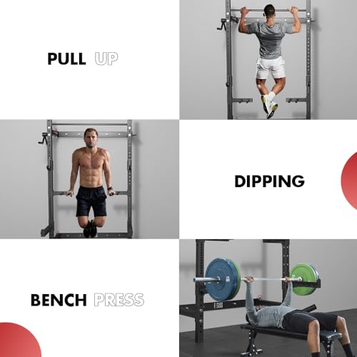 2.36'' x 2.36'' Folding Squat Rack Wall Mounted with Adjustable Pull-Up Bar, J-Hooks,Safety Arm,Dipping bar，with Simth System