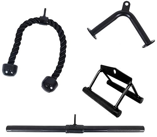 Tricep Press Down Cable Attachment, LAT Pulldown Attachment, Weight Machine Accessories, V Handle with Rotation, Tricep Rope, Rotating Bar, V-Shaped Bar, 4-Piece