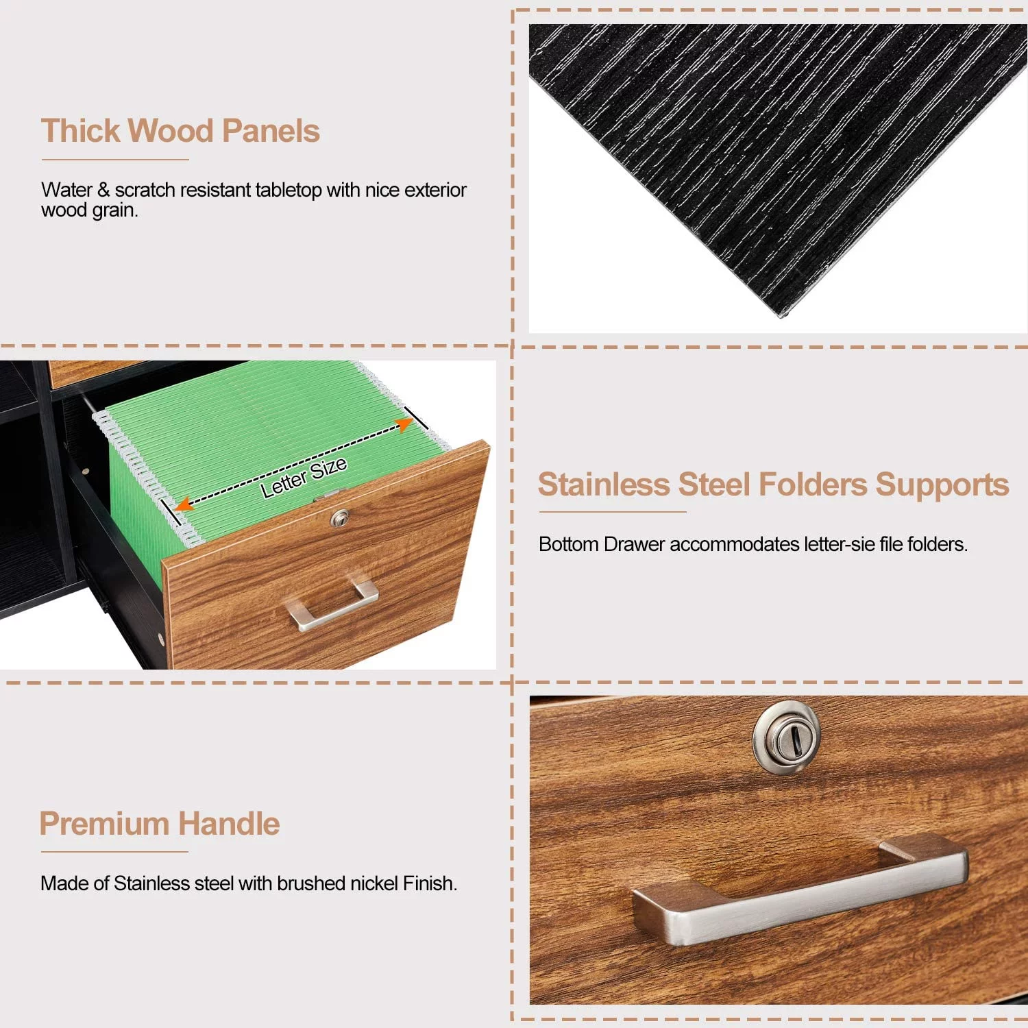 Rolling 3 Drawer File Cabinet with Lock, Wood Lateral Filing Cabinet with Open Shelves