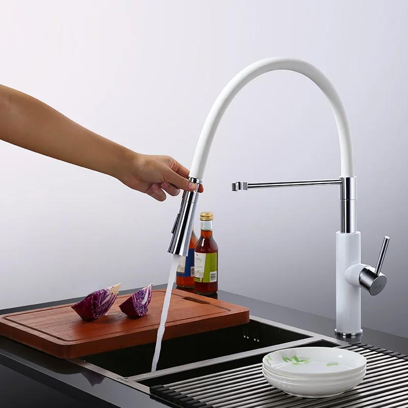 Homary Modern Sleek White & Chrome Pull-Down Spray Kitchen Faucet Single Handle Solid Brass