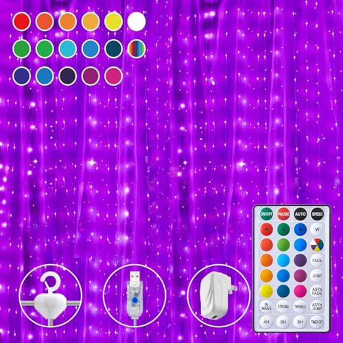 16 Colors Changing Curtain Lights - 250 LED 9.8 X 8.8 FT Fairy String, 7 Modes Twinkle with Remote, Backdrop Wall Hanging Dripping for Bedroom Backyard Halloween Christmas Decor